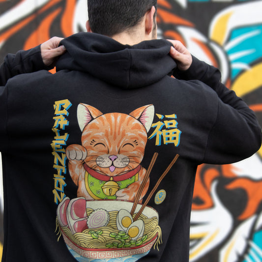 Lucky Ramen Cat Pullover Hoodie (Black)