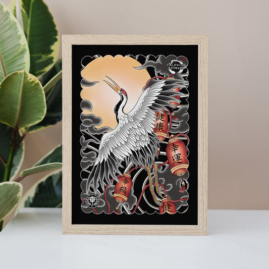 Japanese Crane (Black) A4 Art Print