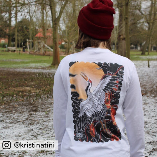 Japanese Crane Long Sleeve Shirt (White)