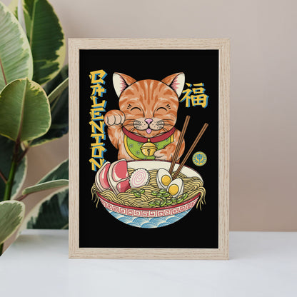 Lucky Ramen Cat (Black) A4 Art Print