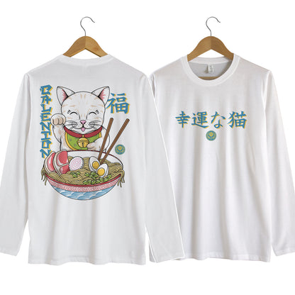 Lucky Ramen Cat Long Sleeve Shirt (White)